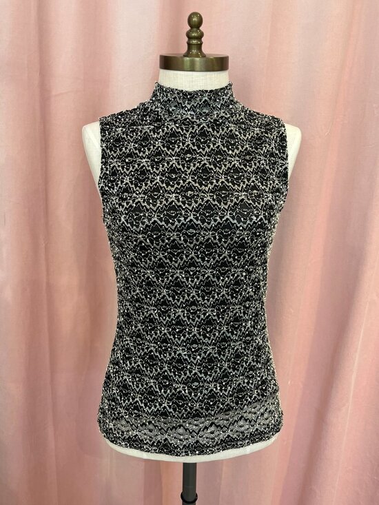 Ann Taylor Tops - Vintage Ann Taylor Black Silver Lace Mock Neck Sleeveless Top Y2K Size M